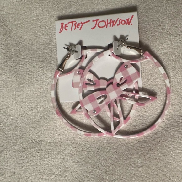 Betsy Johnson Pink & White Gingham Bow Delicate Rhinestones Hoop Earring NWT - Picture 8 of 10